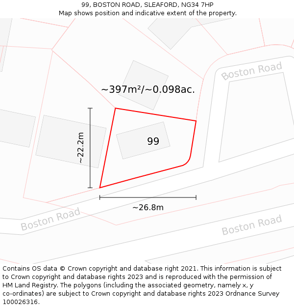 99, BOSTON ROAD, SLEAFORD, NG34 7HP: Plot and title map