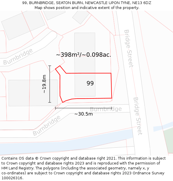 99, BURNBRIDGE, SEATON BURN, NEWCASTLE UPON TYNE, NE13 6DZ: Plot and title map