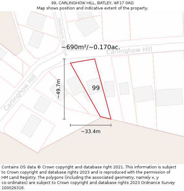 99, CARLINGHOW HILL, BATLEY, WF17 0AG: Plot and title map