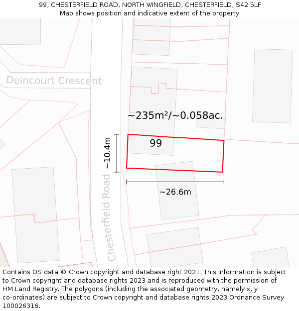 99, CHESTERFIELD ROAD, NORTH WINGFIELD, CHESTERFIELD, S42 5LF: Plot and title map