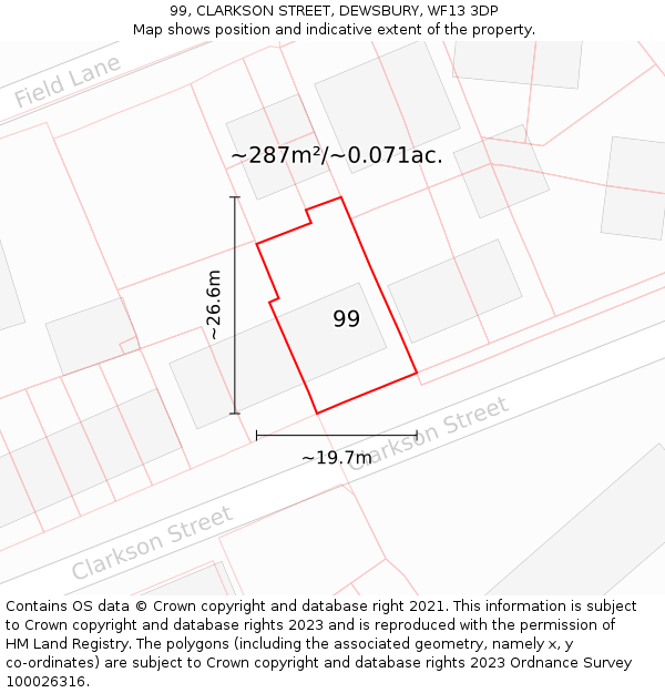 99, CLARKSON STREET, DEWSBURY, WF13 3DP: Plot and title map