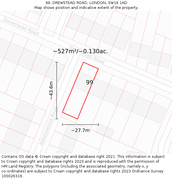 99, DREWSTEAD ROAD, LONDON, SW16 1AD: Plot and title map