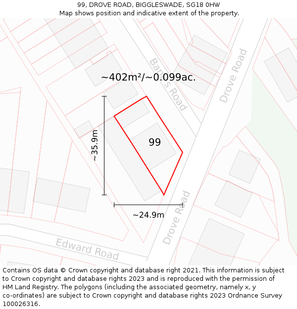 99, DROVE ROAD, BIGGLESWADE, SG18 0HW: Plot and title map