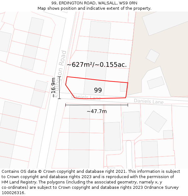 99, ERDINGTON ROAD, WALSALL, WS9 0RN: Plot and title map