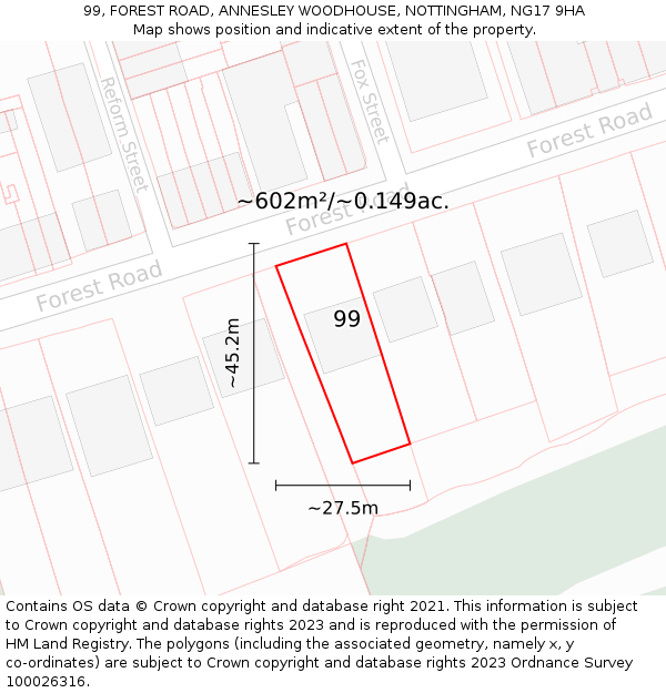 99, FOREST ROAD, ANNESLEY WOODHOUSE, NOTTINGHAM, NG17 9HA: Plot and title map