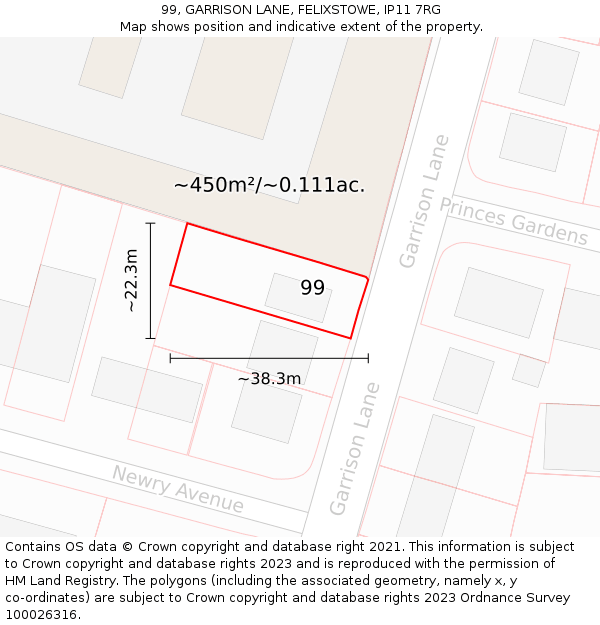 99, GARRISON LANE, FELIXSTOWE, IP11 7RG: Plot and title map