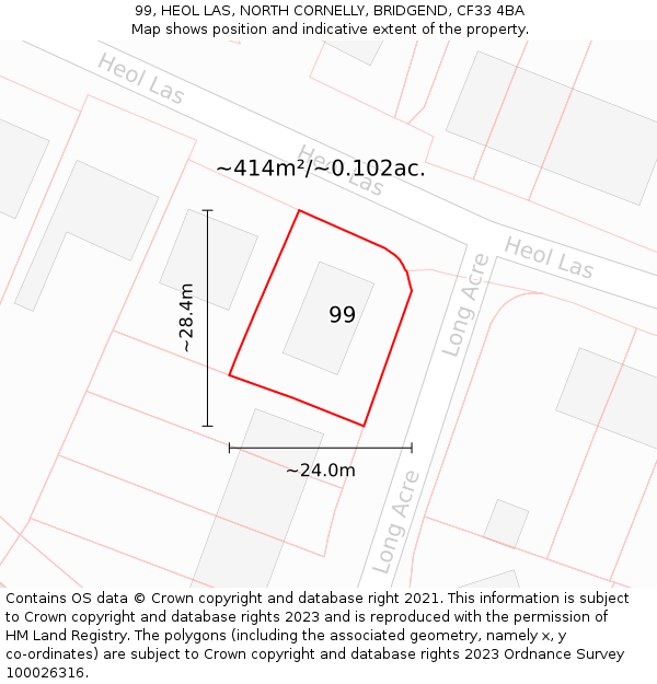 99, HEOL LAS, NORTH CORNELLY, BRIDGEND, CF33 4BA: Plot and title map