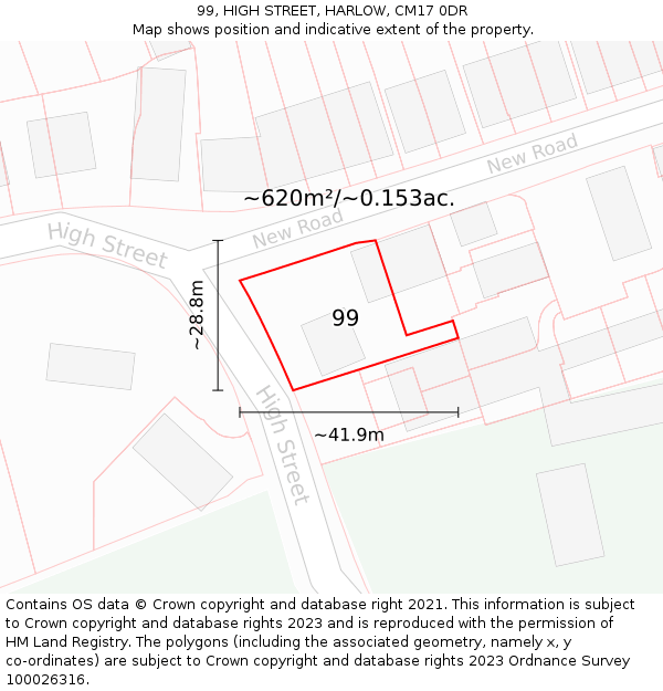 99, HIGH STREET, HARLOW, CM17 0DR: Plot and title map