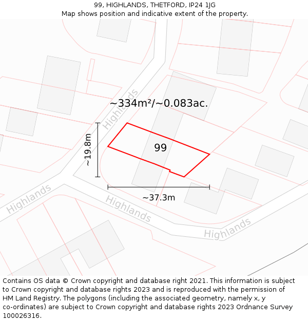 99, HIGHLANDS, THETFORD, IP24 1JG: Plot and title map