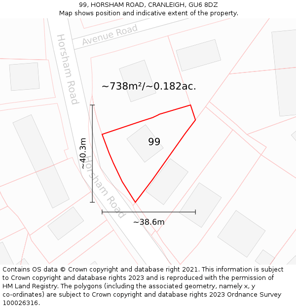 99, HORSHAM ROAD, CRANLEIGH, GU6 8DZ: Plot and title map