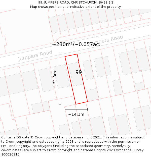 99, JUMPERS ROAD, CHRISTCHURCH, BH23 2JS: Plot and title map