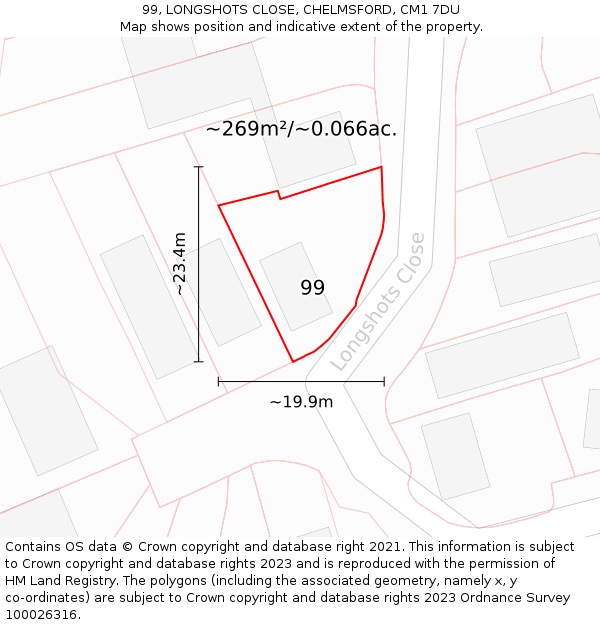 99, LONGSHOTS CLOSE, CHELMSFORD, CM1 7DU: Plot and title map