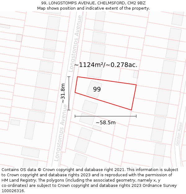 99, LONGSTOMPS AVENUE, CHELMSFORD, CM2 9BZ: Plot and title map