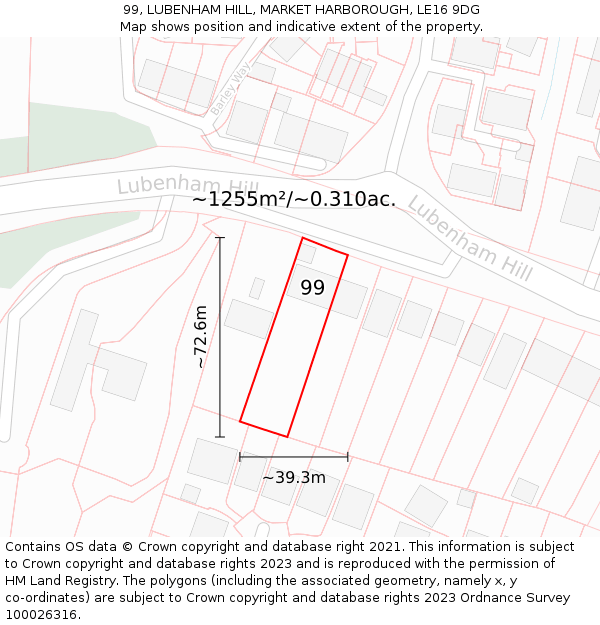 99, LUBENHAM HILL, MARKET HARBOROUGH, LE16 9DG: Plot and title map