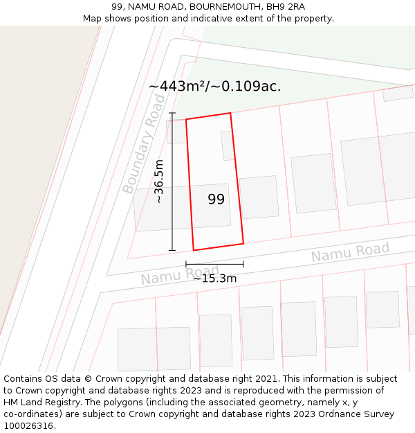 99, NAMU ROAD, BOURNEMOUTH, BH9 2RA: Plot and title map