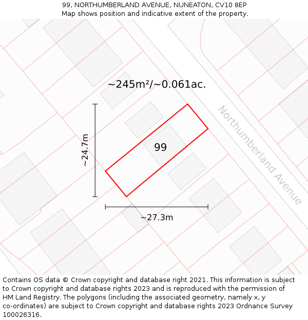 99, NORTHUMBERLAND AVENUE, NUNEATON, CV10 8EP: Plot and title map