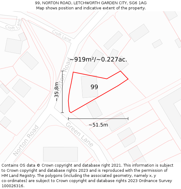 99, NORTON ROAD, LETCHWORTH GARDEN CITY, SG6 1AG: Plot and title map