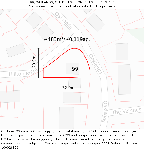 99, OAKLANDS, GUILDEN SUTTON, CHESTER, CH3 7HG: Plot and title map