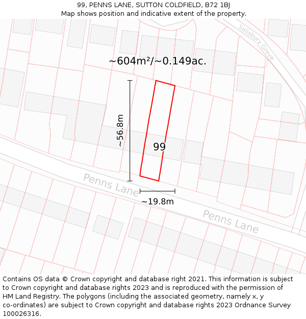 99, PENNS LANE, SUTTON COLDFIELD, B72 1BJ: Plot and title map