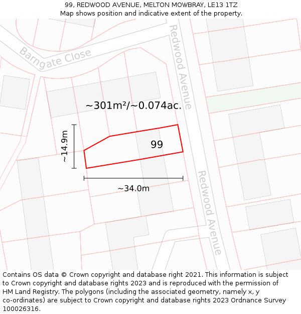 99, REDWOOD AVENUE, MELTON MOWBRAY, LE13 1TZ: Plot and title map