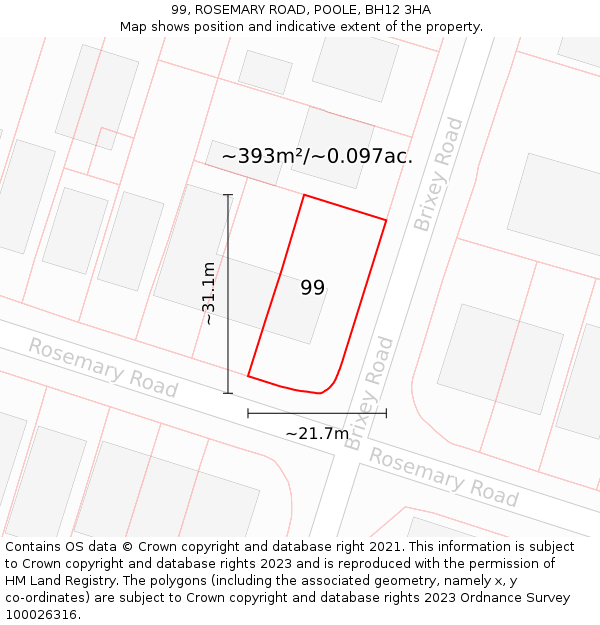 99, ROSEMARY ROAD, POOLE, BH12 3HA: Plot and title map