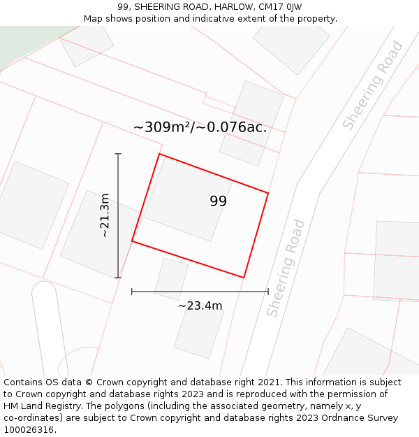 99, SHEERING ROAD, HARLOW, CM17 0JW: Plot and title map