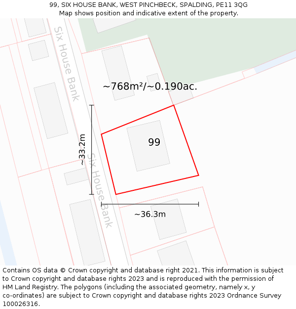 99, SIX HOUSE BANK, WEST PINCHBECK, SPALDING, PE11 3QG: Plot and title map