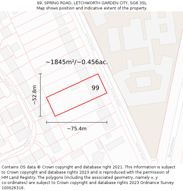 99, SPRING ROAD, LETCHWORTH GARDEN CITY, SG6 3SL: Plot and title map