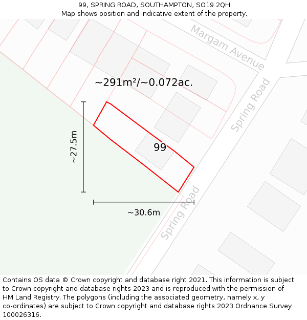 99, SPRING ROAD, SOUTHAMPTON, SO19 2QH: Plot and title map