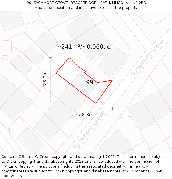 99, SYCAMORE GROVE, BRACEBRIDGE HEATH, LINCOLN, LN4 2RD: Plot and title map