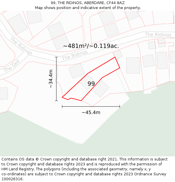 99, THE RIDINGS, ABERDARE, CF44 8AZ: Plot and title map