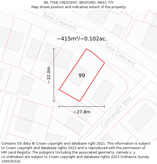 99, TYNE CRESCENT, BEDFORD, MK41 7YY: Plot and title map