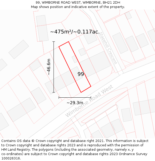 99, WIMBORNE ROAD WEST, WIMBORNE, BH21 2DH: Plot and title map