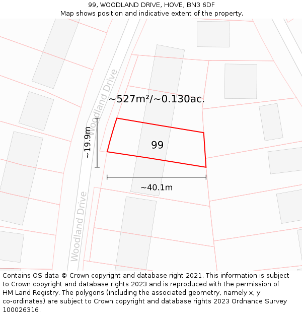 99, WOODLAND DRIVE, HOVE, BN3 6DF: Plot and title map