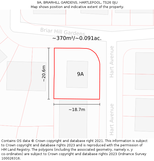 9A, BRIARHILL GARDENS, HARTLEPOOL, TS26 0JU: Plot and title map