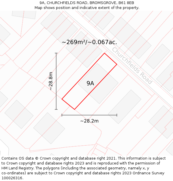 9A, CHURCHFIELDS ROAD, BROMSGROVE, B61 8EB: Plot and title map