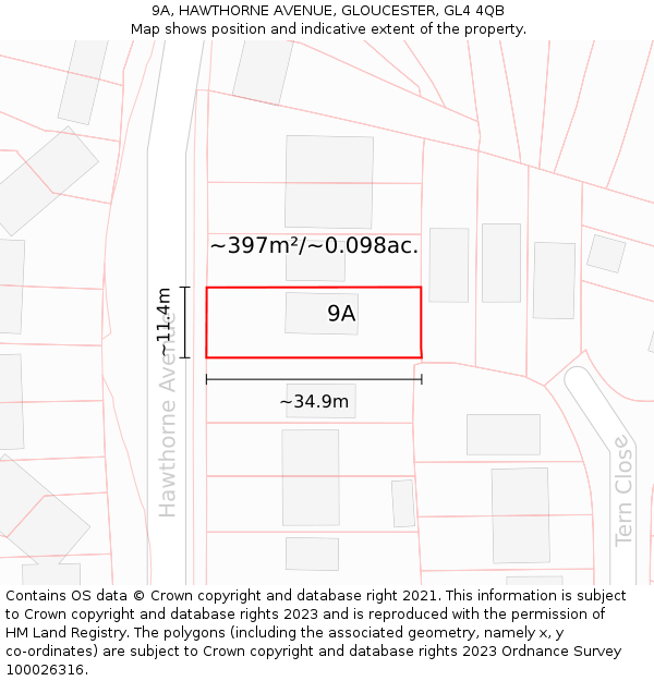 9A, HAWTHORNE AVENUE, GLOUCESTER, GL4 4QB: Plot and title map