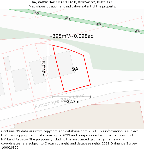 9A, PARSONAGE BARN LANE, RINGWOOD, BH24 1PS: Plot and title map