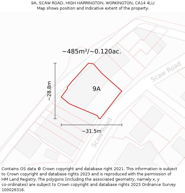 9A, SCAW ROAD, HIGH HARRINGTON, WORKINGTON, CA14 4LU: Plot and title map