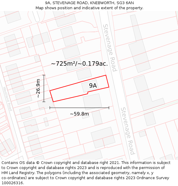 9A, STEVENAGE ROAD, KNEBWORTH, SG3 6AN: Plot and title map