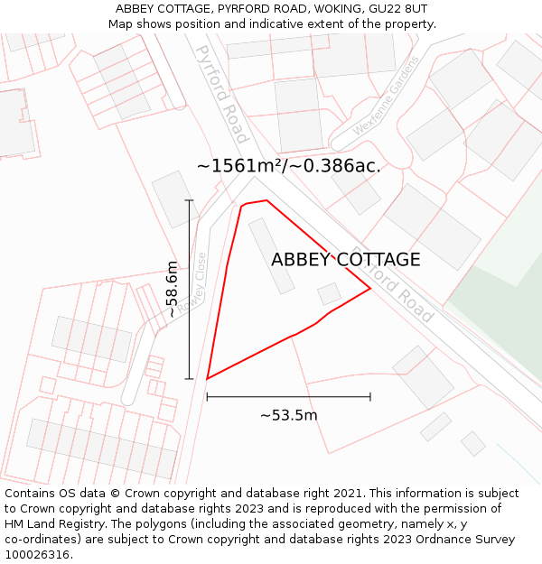 ABBEY COTTAGE, PYRFORD ROAD, WOKING, GU22 8UT: Plot and title map