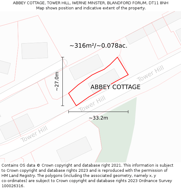 ABBEY COTTAGE, TOWER HILL, IWERNE MINSTER, BLANDFORD FORUM, DT11 8NH: Plot and title map