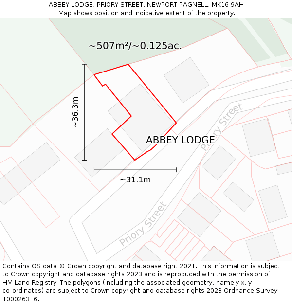 ABBEY LODGE, PRIORY STREET, NEWPORT PAGNELL, MK16 9AH: Plot and title map