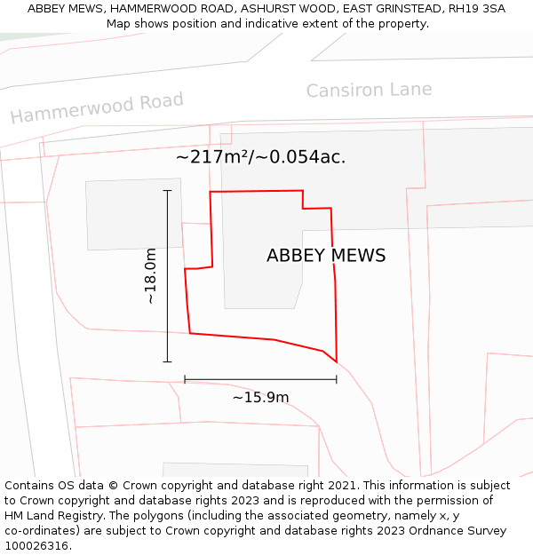 ABBEY MEWS, HAMMERWOOD ROAD, ASHURST WOOD, EAST GRINSTEAD, RH19 3SA: Plot and title map