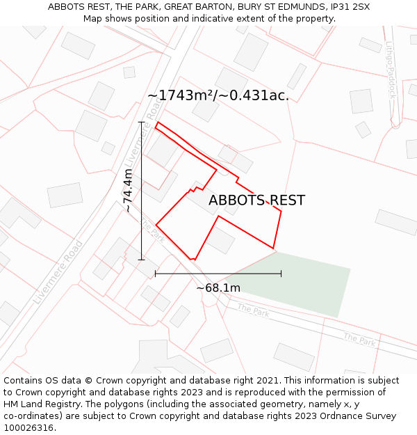 ABBOTS REST, THE PARK, GREAT BARTON, BURY ST EDMUNDS, IP31 2SX: Plot and title map