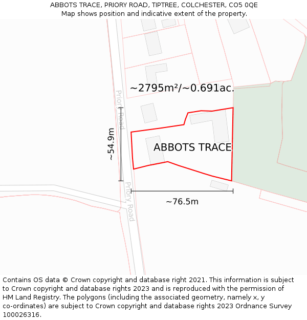 ABBOTS TRACE, PRIORY ROAD, TIPTREE, COLCHESTER, CO5 0QE: Plot and title map