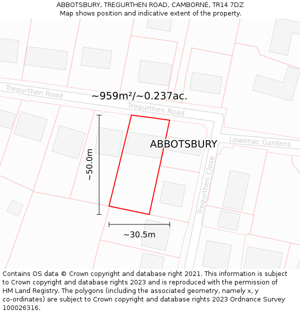 ABBOTSBURY, TREGURTHEN ROAD, CAMBORNE, TR14 7DZ: Plot and title map