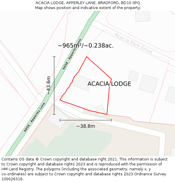 ACACIA LODGE, APPERLEY LANE, BRADFORD, BD10 0PQ: Plot and title map