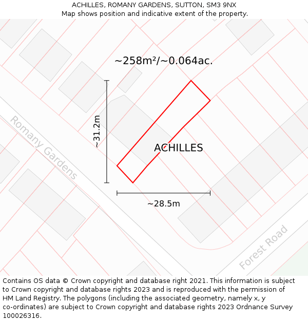 ACHILLES, ROMANY GARDENS, SUTTON, SM3 9NX: Plot and title map