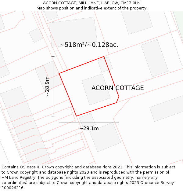 ACORN COTTAGE, MILL LANE, HARLOW, CM17 0LN: Plot and title map